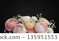 Pastel peony and ranunculus bouquet on black background for spring greetings and womens day 135951553