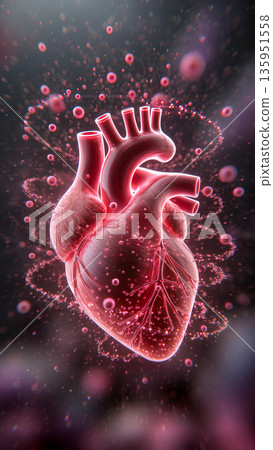 Human heart anatomy glowing medical illustration cardiovascular system concept 135951558