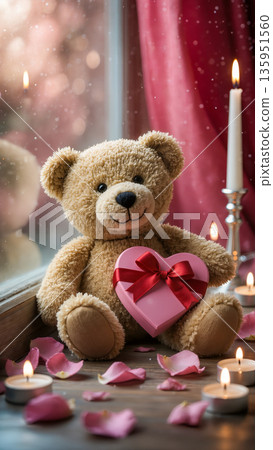 Cute teddy bear holding heart shaped gift box surrounded by candles and rose petals, cozy romantic atmosphere for valentines day Cute teddy bear holding heart shaped gift box surrounded by candles and rose petals, cozy romantic atmosphere for valentines day 135951560