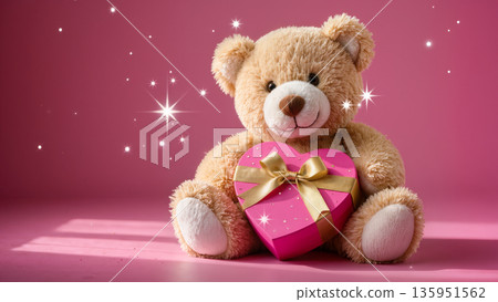 Teddy bear holding heart gift box on pink background for valentines day greeting card Teddy bear holding heart gift box on pink background for valentines day greeting card 135951562