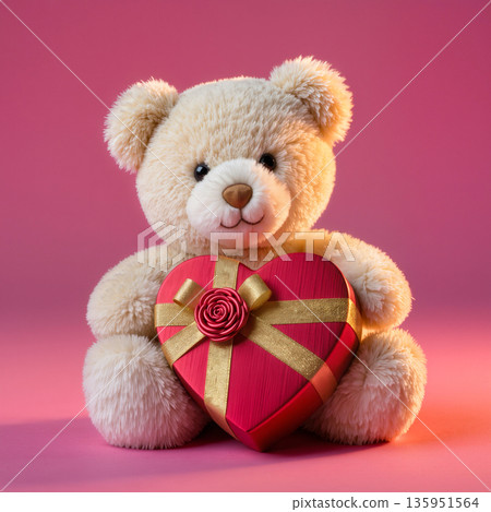 Teddy bear holding heart gift box on pink background for valentines day greeting card Teddy bear holding heart gift box on pink background for valentines day greeting card 135951564
