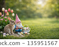 Easter bunny with garden gnome and pastel eggs in spring garden 135951567