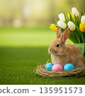 Baby rabbit in nest with pastel Easter eggs and tulips symbolizing care empathy and protection 135951573