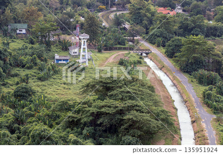 Canal and drainage system from Drainage Khun Dan Prakan Chon Dam with scenery cuts through lush green hills amidst beautiful nature. Canal and drainage system from Drainage Khun Dan Prakan Chon Dam with scenery cuts through lush green hills amidst beautiful nature. 135951924