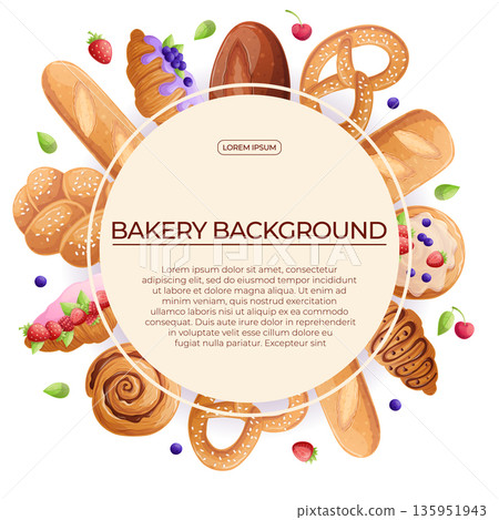 Colorful background with delicious bakery pastries on a white background. The concept of confectionery, baking, cooking. Vector illustration for the design of posters, flyers, postcards, invitations 135951943