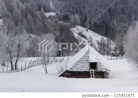 Snowy mountain village in winter, Carpathian Mountains, Romania Snowy mountain village in winter, Carpathian Mountains, Romania 135951975