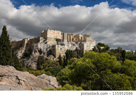 View to Acropolis with Propylaea and Temple of Athena Nike, Athens, Greece 135952086