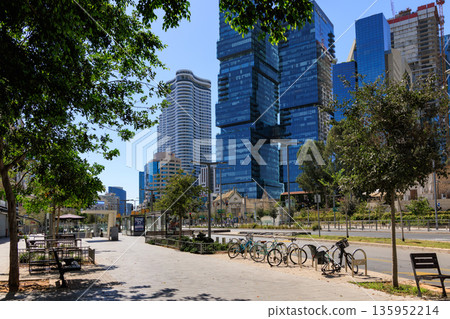 Modern City Street with Bicycles in Tel Aviv, Israel Modern City Street with Bicycles in Tel Aviv, Israel 135952214