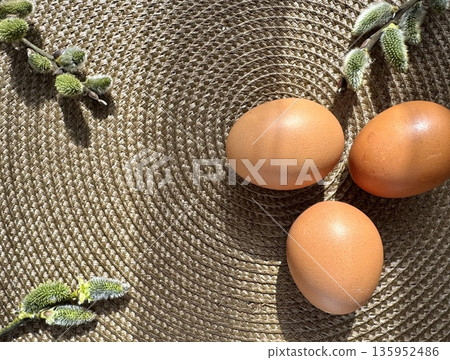 still life with Easter eggs and willow branches, consecrated by the sun still life with Easter eggs and willow branches, consecrated by the sun 135952486
