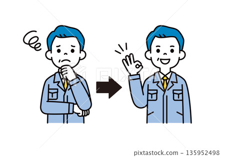 A vector illustration set of a man/manager wearing work clothes, looking troubled and happy that the problem has been solved A vector illustration set of a man/manager wearing work clothes, looking troubled and happy that the problem has been solved 135952498