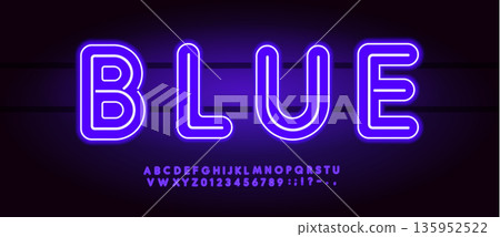 Blue Neon Font Logo Alphabet Vector English Letters Set Modern Typography, Creative Typographic Design for Title Text, Typo Poster Headline, Type Symbol Logotype, Sans Serif Fonts. Vector Typeface 135952522