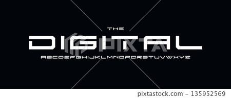 Futuristic digital logo font, wide sci-fi alphabet. Sharp geometric typeface for tech headline, cyber interface, gaming HUD, modern UI design, space display, sport team branding. Vector typography Futuristic digital logo font, wide sci-fi alphabet. Sharp geometric typeface for tech headline, cyber interface, gaming HUD, modern UI design, space display, sport team branding. Vector typography 135952569