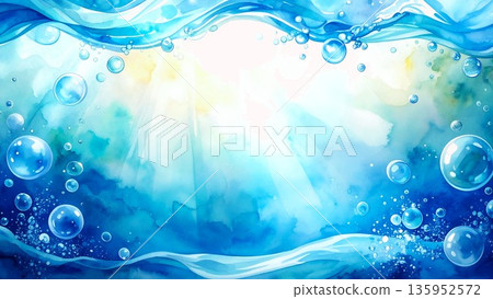 Beautiful watercolor-painted underwater bubbles and waves frame background material (horizontal 16:9) Beautiful watercolor-painted underwater bubbles and waves frame background material (horizontal 16:9) 135952572