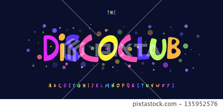 Witty cartoon font, colorful carnival alphabet, funky playful letters, joyful type for retro disco club title, funny logo, comic headline, bouncy typography, creative bubble typeface. Vector typeset 135952576