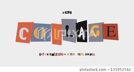Collage Font Logo Alphabet Vector Magazine Letter Set Modern Typography, Note Typographic Design for Title Text, Ransom Poster Headline, Type Symbol Logotype, Kidnap Cutout Fonts. Vector Typeface 135952582