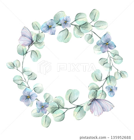 A wreath of soft green eucalyptus branches with lilac butterflies and blue flowers. Hand-drawn watercolor illustration. A round frame template for text, spring holiday decorations, and weddings. A wreath of soft green eucalyptus branches with lilac butterflies and blue flowers. Hand-drawn watercolor illustration. A round frame template for text, spring holiday decorations, and weddings. 135952688