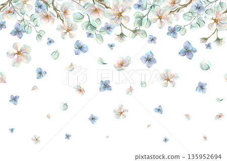 A spring floral illustration with apple blossoms, forget-me-nots, eucalyptus leaves, and petals. Hand-drawn watercolor illustration. A seamless border pattern for spring holiday and wedding designs. A spring floral illustration with apple blossoms, forget-me-nots, eucalyptus leaves, and petals. Hand-drawn watercolor illustration. A seamless border pattern for spring holiday and wedding designs. 135952694