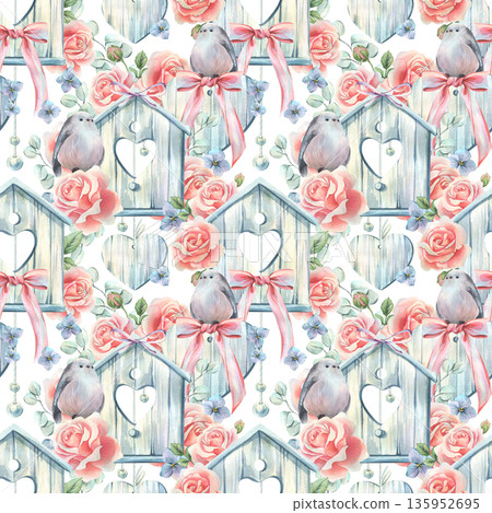A seamless watercolor pattern with birdhouses, cute birds, roses, bows, and flowers. A romantic spring backdrop for weddings, Mother's Day, Easter, and Women's Day. Hand-drawn illustration. A seamless watercolor pattern with birdhouses, cute birds, roses, bows, and flowers. A romantic spring backdrop for weddings, Mother's Day, Easter, and Women's Day. Hand-drawn illustration. 135952695