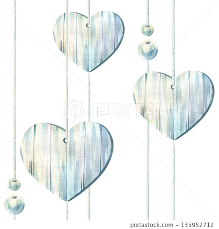 Wooden hearts suspended on beaded strings. Hand-painted watercolor seamless pattern for weddings and spring holidays, Mother's Day, Easter, Valentine's Day, and March 8th. Wooden hearts suspended on beaded strings. Hand-painted watercolor seamless pattern for weddings and spring holidays, Mother's Day, Easter, Valentine's Day, and March 8th. 135952712