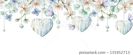 Wooden hearts suspended among apple blossoms with butterflies. Hand-painted watercolor illustration. Seamless border pattern for weddings and spring holidays, Mother's Day, and Valentine's Day. 135952713