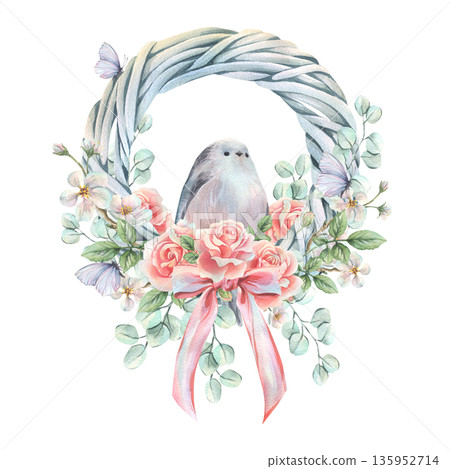 A spring vine wreath, painted in watercolor, with a bird and pink roses, perfect for weddings and spring holidays. This delicate hand-drawn floral illustration is perfect for design, prints, and decor 135952714