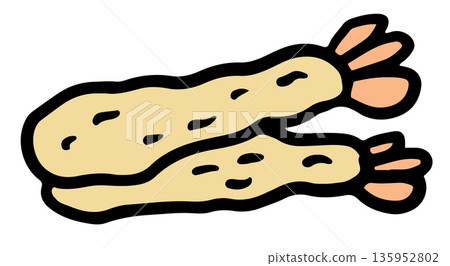 Hand drawn Tempura fried shrimp for Japanese food, Asian snack, sticker, menu, restaurant, breakfast, lunch, dinner, recipe, ingredients, supermarket, grocery, cuisine, cook book, quick meal, cartoon 135952802