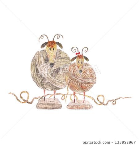 Seamless pattern of lambs statuettes ball traditional wool yarn of Iceland on wooden stands. Watercolor isolated white illustration. For fashion and travel magazines, design cards, banners clip art. Seamless pattern of lambs statuettes ball traditional wool yarn of Iceland on wooden stands. Watercolor isolated white illustration. For fashion and travel magazines, design cards, banners clip art. 135952967