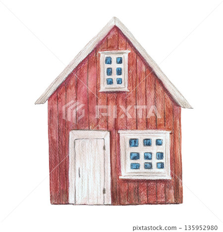 Traditional red wooden house of Iceland with white window and door. Watercolor isolated closeup crop illustration. For architectural sketches map, all design, cards and books, banners and clip art. Traditional red wooden house of Iceland with white window and door. Watercolor isolated closeup crop illustration. For architectural sketches map, all design, cards and books, banners and clip art. 135952980