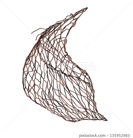 Fishing net big with with corks. Watercolor isolated closeup crop illustration. For marine sketches, seafood label packaging or menu and map design cards and books, banners and clip art. 135952983