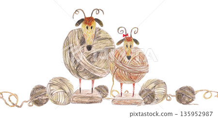 Seamless border of lambs statuettes ball traditional wool yarn of Iceland on wooden stands. Watercolor isolated white illustration. For fashion and travel magazines, design cards, banners clip art. 135952987