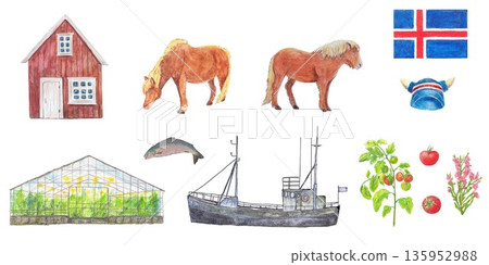 Wooden house, two horses, flag of Iceland, Fishing trawler salmon, wool hat, greenhouse and ripe red tomato and pink heather bush in big watercolor set clip art. Vibrant produce, food travel design. Wooden house, two horses, flag of Iceland, Fishing trawler salmon, wool hat, greenhouse and ripe red tomato and pink heather bush in big watercolor set clip art. Vibrant produce, food travel design. 135952988