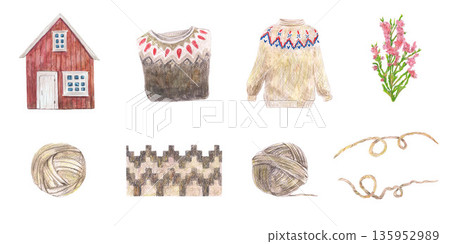 Pink heather bush, traditional red house with window door and pattern of Iceland, two wool knitted sweaters, brown ball yarn and threads. Watercolor set clip art. Vibrant produce, food travel design. Pink heather bush, traditional red house with window door and pattern of Iceland, two wool knitted sweaters, brown ball yarn and threads. Watercolor set clip art. Vibrant produce, food travel design. 135952989