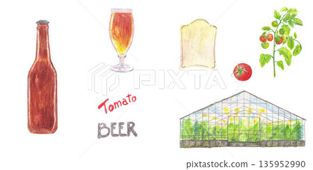 Brown beer bottle blank beige label glass tomato vegetable and branch and greenhouse. Watercolor isolated set clip art. Vibrant produce, food travel design menu, banners and greeting cards. Brown beer bottle blank beige label glass tomato vegetable and branch and greenhouse. Watercolor isolated set clip art. Vibrant produce, food travel design menu, banners and greeting cards. 135952990