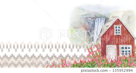 Red wooden house Pink purple heather Waterfall Skogafoss, traditional pattern Iceland and field. Watercolor isolated element clip art. Travel design touristic maps, banners and greeting cards. Red wooden house Pink purple heather Waterfall Skogafoss, traditional pattern Iceland and field. Watercolor isolated element clip art. Travel design touristic maps, banners and greeting cards. 135952994