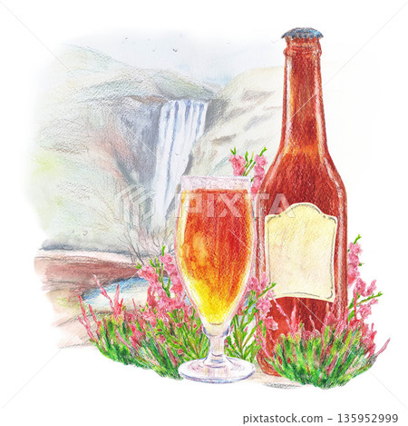 Brown beer bottle blank beige blank label glass Pink heather purple Waterfall Skogafoss Iceland and field Watercolor isolated set clip art. Drink travel design bar menu, banners and greeting cards. 135952999