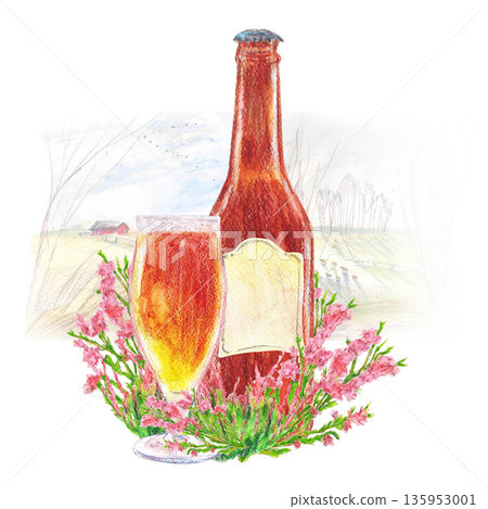 Brown beer bottle blank beige blank label glass Pink heather purple Landscape of Iceland and field Watercolor isolated set clip art. Drink travel design bar menu, banners and greeting cards. Brown beer bottle blank beige blank label glass Pink heather purple Landscape of Iceland and field Watercolor isolated set clip art. Drink travel design bar menu, banners and greeting cards. 135953001