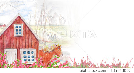 Icelandic horse with beige mane on field and wooden house. Pink heather pink bloom and green bush. Traditional landscape. Watercolor clip art. For travel design tourist maps cards and books banners. Icelandic horse with beige mane on field and wooden house. Pink heather pink bloom and green bush. Traditional landscape. Watercolor clip art. For travel design tourist maps cards and books banners. 135953002