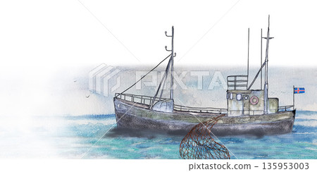 Fishing trawler catching fish with nets on blue sea. Flag of Iceland. Watercolor illustration. For boat sketches, seafood label packaging or menu and map design cards and books, banners and clip art. Fishing trawler catching fish with nets on blue sea. Flag of Iceland. Watercolor illustration. For boat sketches, seafood label packaging or menu and map design cards and books, banners and clip art. 135953003