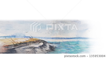 Winter lava ocean shore in Iceland, seascape. Watercolor isolated white illustration. Island tourism. For travel magazines and map, all design, greeting cards and books, banners and clip art. Winter lava ocean shore in Iceland, seascape. Watercolor isolated white illustration. Island tourism. For travel magazines and map, all design, greeting cards and books, banners and clip art. 135953004