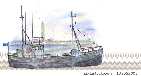 Fishing trawler, landscape with lighthouse, traditional ornament of Iceland. Watercolor illustration. For boat sketches, seafood label or menu and map design cards and books, banners and clip art. 135953005