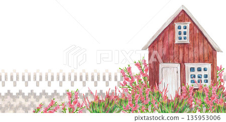 Red wooden house, white door and widows. Pink purple heather. Traditional ornament of Iceland. Watercolor isolated element clip art. Travel design touristic maps, banners and greeting cards. Red wooden house, white door and widows. Pink purple heather. Traditional ornament of Iceland. Watercolor isolated element clip art. Travel design touristic maps, banners and greeting cards. 135953006
