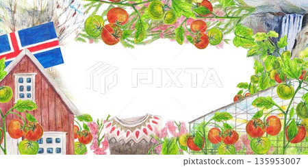 Farm cottage, knitted sweater with traditional ornament of Iceland, greenhouse and ripe red tomato, Icelandic national flag waterfall. Watercolor frame. For touristic map, cards and books, banners. Farm cottage, knitted sweater with traditional ornament of Iceland, greenhouse and ripe red tomato, Icelandic national flag waterfall. Watercolor frame. For touristic map, cards and books, banners. 135953007