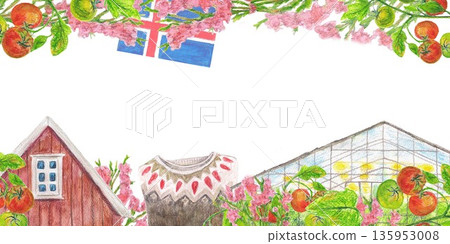 Red cottage, knitted sweater with traditional ornament of Iceland, greenhouse and ripe red tomato, Icelandic national flag heather. Watercolor frame. For touristic map, cards and books, banners. 135953008