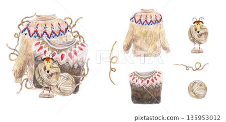 Statuette lamb wool yarn ball on wooden stand. Folded brown pullover and beige sweater with traditional ornament of Iceland. Watercolor set and postcard. For fashion clothes design clip art. Statuette lamb wool yarn ball on wooden stand. Folded brown pullover and beige sweater with traditional ornament of Iceland. Watercolor set and postcard. For fashion clothes design clip art. 135953012