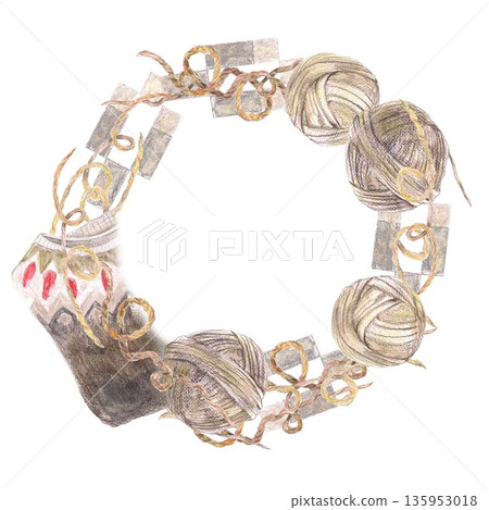 Wreath from wool yarn ball and folded brown pullover and beige threads with traditional ornament of Iceland. Watercolor isolated illustration. For fashion clothes design magazines clip art. Wreath from wool yarn ball and folded brown pullover and beige threads with traditional ornament of Iceland. Watercolor isolated illustration. For fashion clothes design magazines clip art. 135953018