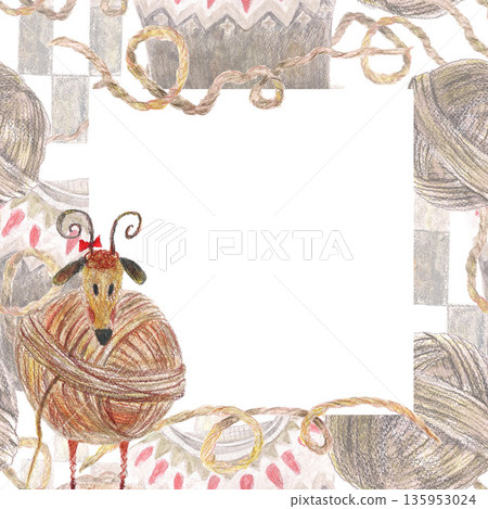 Square frame from wool yarn balls Folded brown pullover, threads with traditional ornament of Iceland. Lamb toy on wooden stand. Watercolor illustration. For fashion clothes design magazines clip art. Square frame from wool yarn balls Folded brown pullover, threads with traditional ornament of Iceland. Lamb toy on wooden stand. Watercolor illustration. For fashion clothes design magazines clip art. 135953024