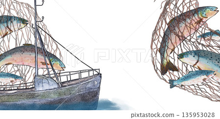 Gray ship with nets is sailing. Atlantic salmons in nets. Watercolor clip art. Fish Icelandic tourism. For travel food magazines and map, menu restaurant design, greeting cards and books, banners. 135953028