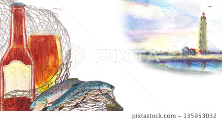 Glass with beer and brown bottle, nets and lighthouse. Two salmon. Watercolor clip art. Fish Icelandic tourism. For travel food magazines and map, menu restaurant design, cards and books, banners. 135953032