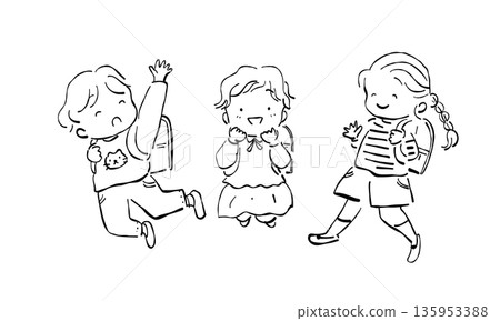Hand-drawn line drawing of children carrying school bags and excited about starting school Hand-drawn line drawing of children carrying school bags and excited about starting school 135953388