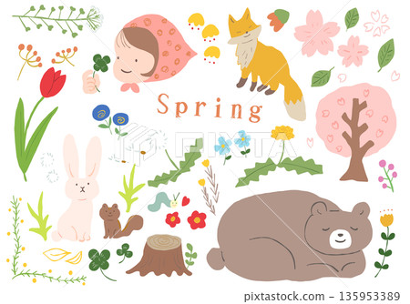 一套描繪春日森林中動物和花卉的柔和手繪插畫向量圖。 135953389